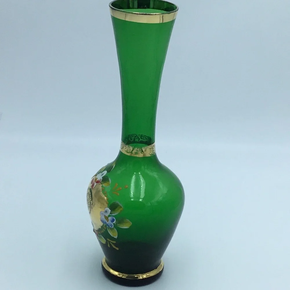 Green Art Glass Floral and Gold Trim Vase